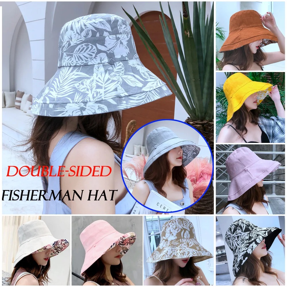 Women Fisherman Hat Sun Hat Outdoor Summer Floral Cap Cotton Double-sided