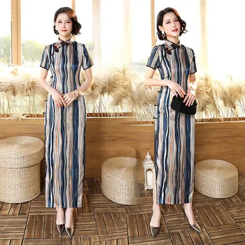 

Plus Size 3XL 4XL Oriental Design Print Women Cheongsam Elegant High Split Chinese Evening Dress Retro Stage Show Qipao