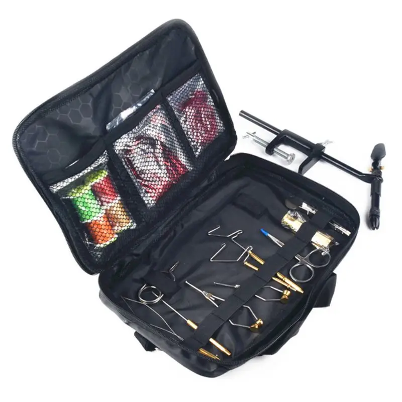Fly Fishing Tying Tools Kit In Skin Imitated Bag Including Vise Bobbin Holder Whip Finisher Half Hitch Tool