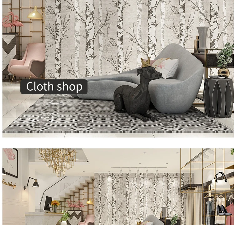 Gray White Birch Tree 3D PVC Wallpaper for Cloth Shop Modern Nordic Design Coffee House Resturant Wall Paper Roll Forest Woods