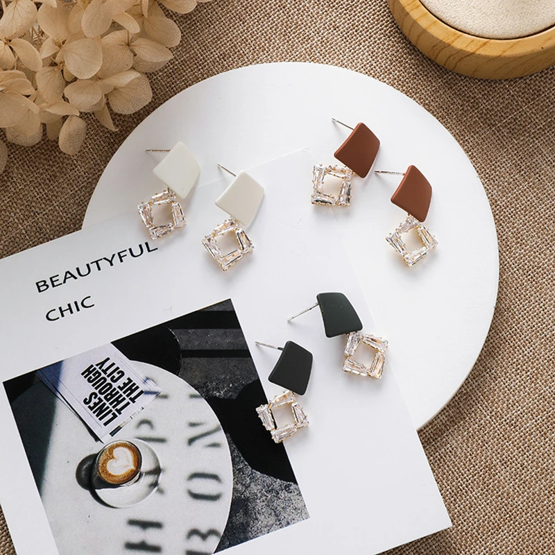 Korean Temperament Color Sweet Girl Rhinestone Earrings Simple Geometric Rhombus orecchini Party Accessoryc aretes de mujer