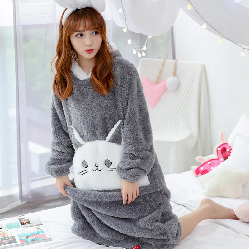 

Winter Thick Long Sleeve Pajamas Women's Autumn Long Plush Warm Nightgown Flannel Sweet Cute Tracksuit Mid-length
