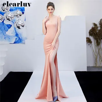 

Long Mermaid Prom Dress Sexy Slim High Side Split Party Gown DX322-1 2020 Plus Size Robe De Soiree Pink Backless Evening Dresses