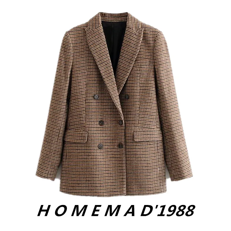 NoEnName_Null Vintage Casual Plaid Blazer Women Fashion Double Breasted Office Ladies Jacket Coat Female Notched Collar Suits 50