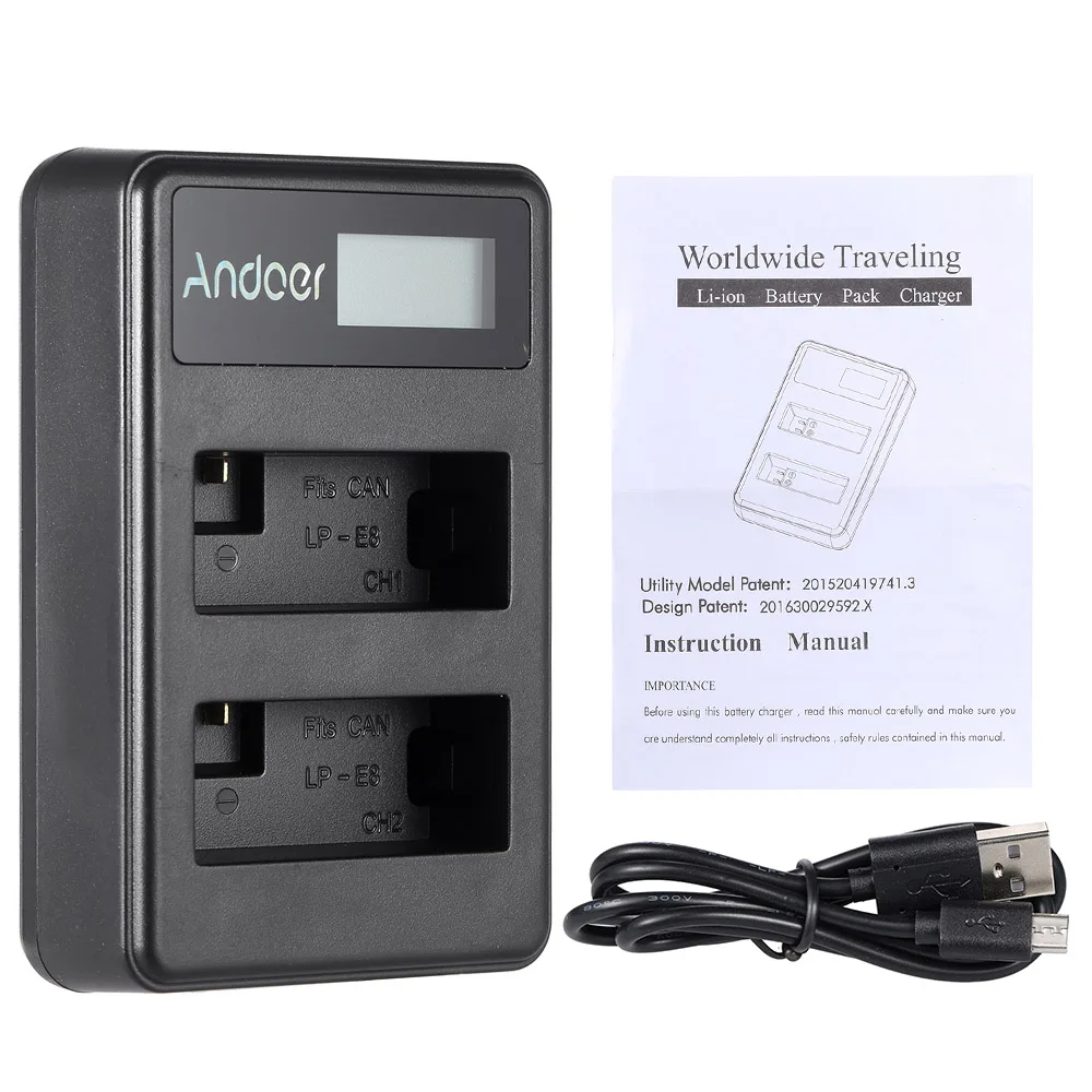 Andoer LP-E8 2 слота USB кабель комплект перезаряжаемый светодиодный дисплей батарея зарядное устройство для Canon EOS 600D 550D 700D 650D цифровая зеркальная камера