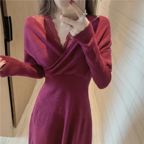 rose red Neploe, кружевное лоскутное женское платье, одноцветное, v-образный вырез, длинный рукав, vestidos, вязанное, свободное, высокая талия, длина до середины икры, платья 48364 - Цвет: rose red