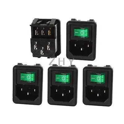 

5 Pcs 3 Pin SPST Green Light Rocker Switch IEC320 C14 Power Socket AC 10A 250V