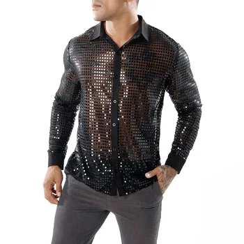 

Shiny Sequin Transparent Shirt Men 2020 New Sexy See Through Chemise Homme Nightclub Stage Prom Dance Shirt Male Camisa Social