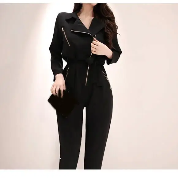 

2019 Autumn Winter Women Office Jumpsuit Elegant Long Sleeve Long Romper Fashion Black Zipper Wide Leg Overalls