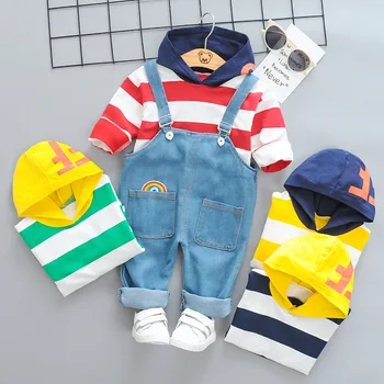 

Autumn Stripes Hooded Long Sleeve Suspender Pants Piece Men and Women Child Stripes Leisure Suit Manufacturers a Generation of F