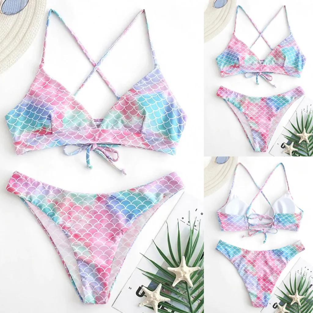JAYCOSIN gradient color strap swimwear women split bikini swimsuit suit beach bath fish scale print fashion sweet bikini simple 