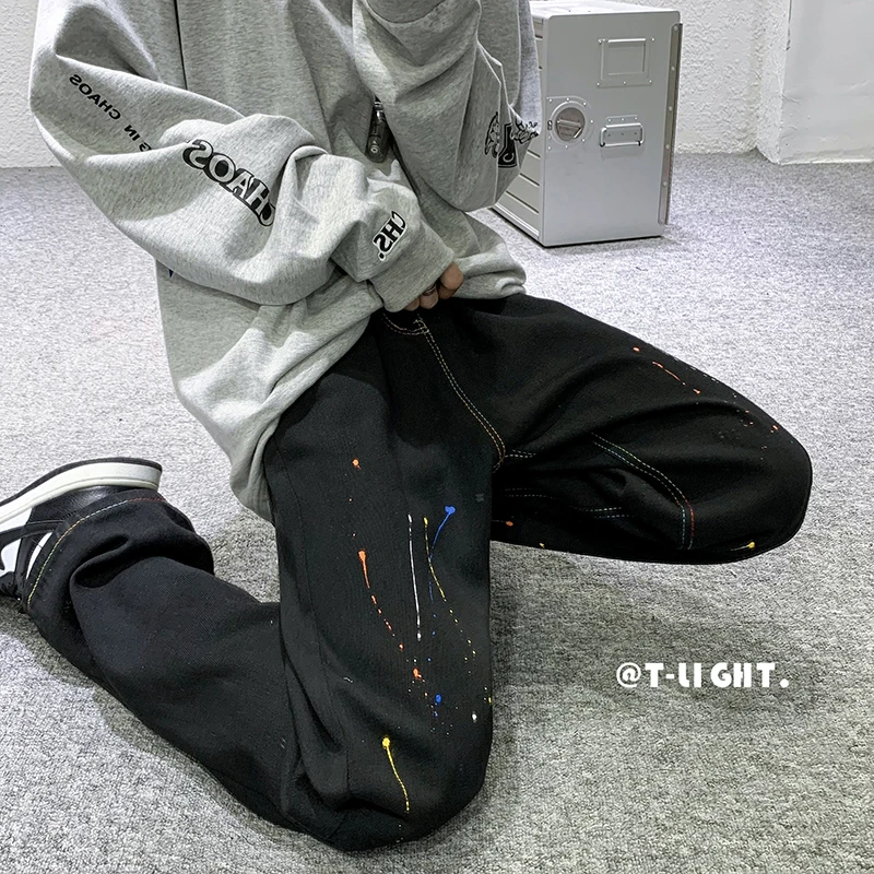 

Color paint dot jeans loose straight leg thin section wide leg high waist pants for men and women plus size