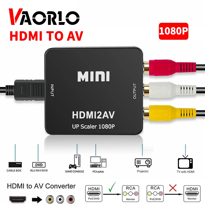 Адаптер HDMI VAORLO совместимый с AV RCA CVBS 1080P HD Mini HDMI2AV видеоконвертер PAL NTSC