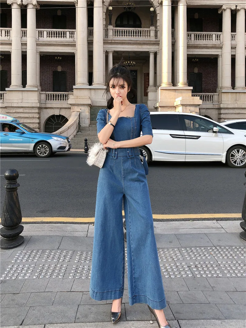 Women Fashion Blue Denim Jumpsuits 2020 Spring Summer Retro High Waist Wide Leg Pants Bodysuits Loose Casual Slim Jeans Rompers Women Fashion Blue Denim Jumpsuits 2020 Spring Summer Retro High Waist Wide Leg Pants Bodysuits Loose Casual Slim Jeans Rompers