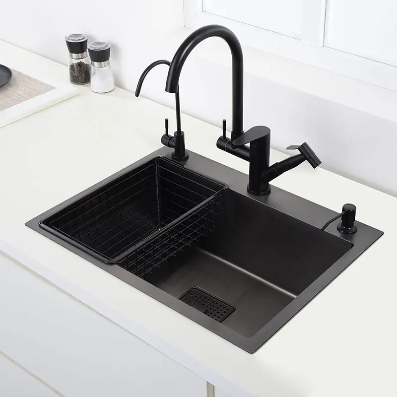 black Kitchen Sink 304 Stainless Steel vegetable washing basin black sink above counter or udermount Single sink kitchen