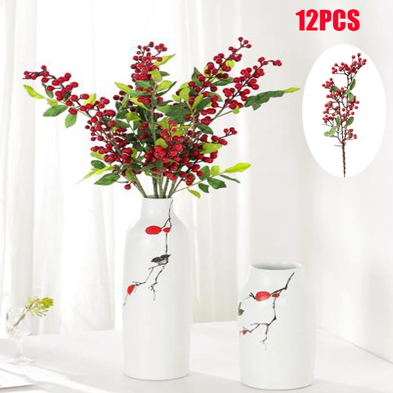 

Artificial Fruits Christmas Berry Single Branch Foam Flower Plants DIY Wedding Home Garden Office Decor 12PCS