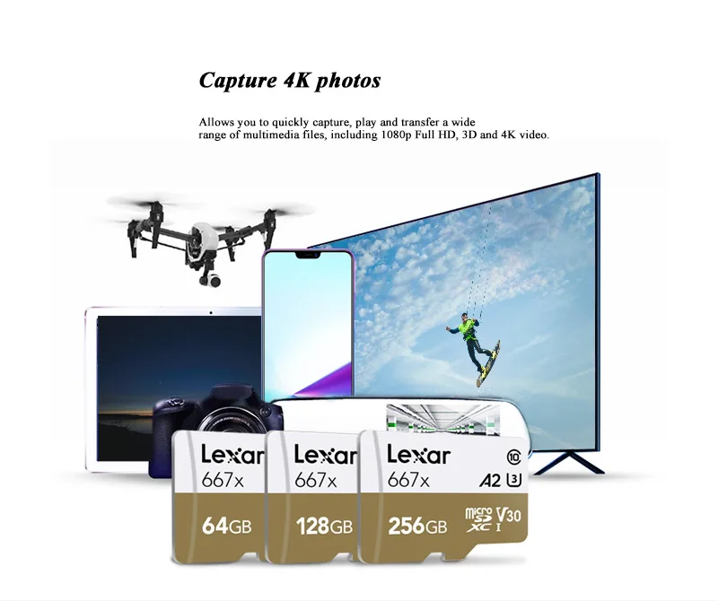 Lexar Professional Memory Cards up to 100MB/s Micro SD Card 667x C10 256GB 128GB Free Adapter TF Cards for Drone Sport Camcorder