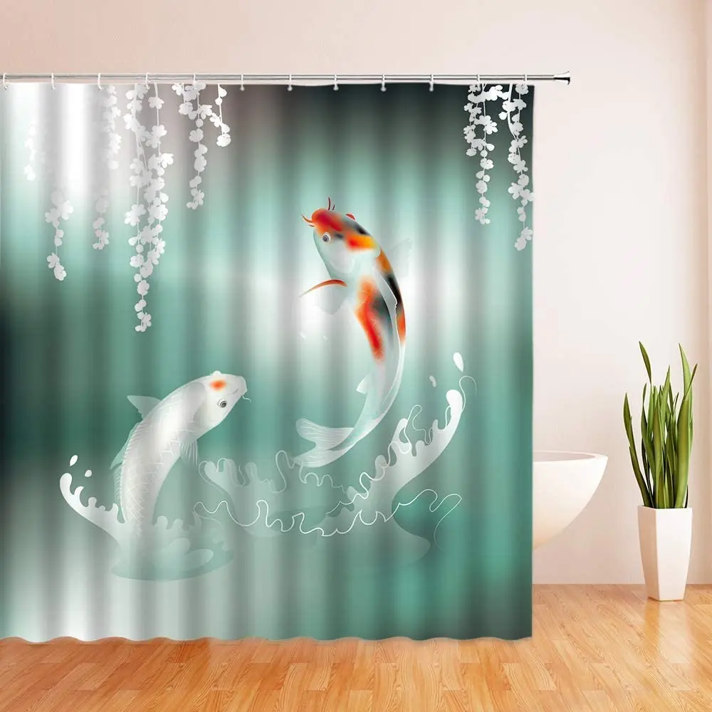 Koi Fish Sakura Shower Curtain Teal Turquoise Japanese Koi Fish Painting Style Flowers Leaves Fabric Bathroom Curtain Set Hook