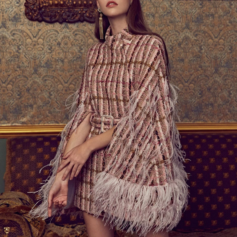 

Patchwork Feathers Diamonds Plaid Women's Coats Turtleneck Cloak Sleeve High Waist With Sashes 2019 Fashion Clothes