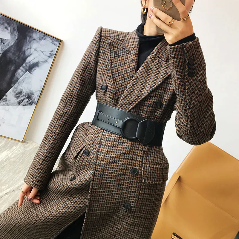 Women autumn winter wide belt brief style faux leather knitted elastic belts designer runway brand female waistband for coat