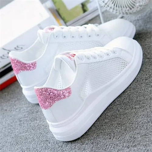 1558 pink Женские кроссовки; Модные дышащие сетчатые женские вулканизированные туфли; повседневная обувь на платформе со шнуровкой; женские белые теннисные туфли; feminino - Цвет: 1558 pink