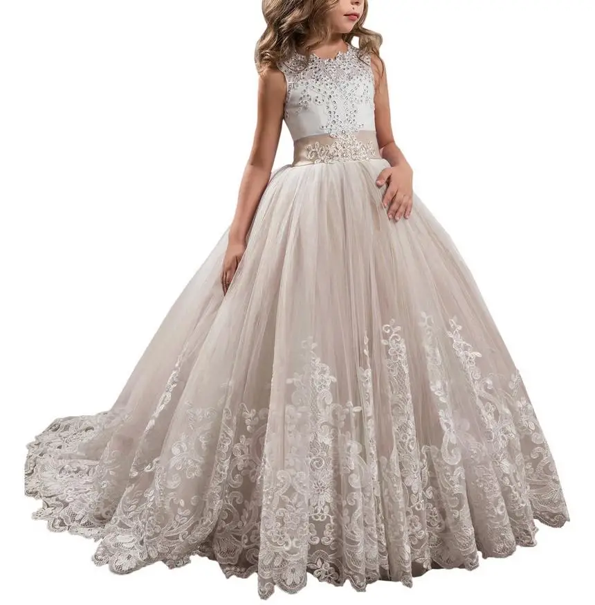 Шампанское Vestidos de primera comunión/Новинка; кружевное платье с аппликацией из Алина, бирюзы, лаванды, розовый мятный зеленый, бордовый цвет; Свадебные Платья с цветочным узором для девочек - Цвет: Шампанское