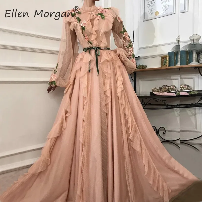 Вечерние платья цвета шампанского Саудовской Аравии с длинным рукавом 2020 Дубай