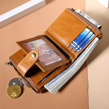 

Men short wallet cowhide soft mini wallet leather men wallet double zipper men wallet card package