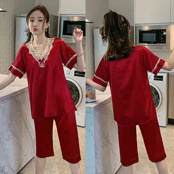 

Summer pajamas female Xia Bing silk thin short-sleeved suit summer sexy ladies large size new Slim two-piece suit 2020
