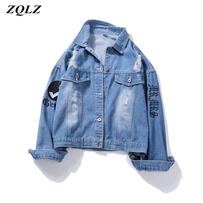 ZQLZ Denim Jacket Women 2020 New Jeans Coat Female Loose Autumn Coats Womens Letter Embroidery Basic Frayed Ripped Jean | Женская одежда