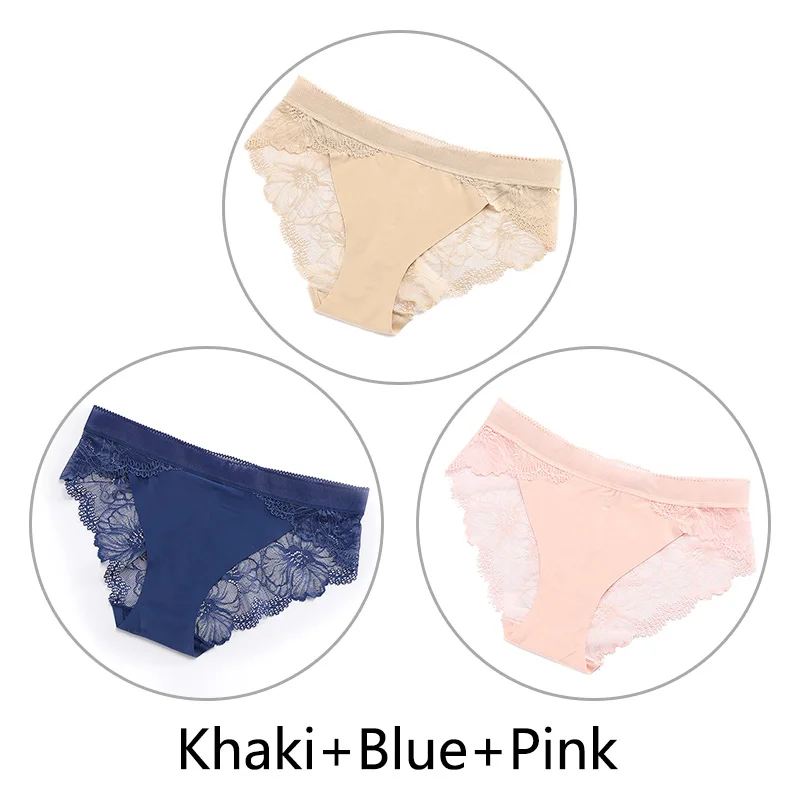 KhakiBluePink 3 шт./партия, сексуальные кружевные трусики с низкой посадкой, открытый прозрачный задник, трусы, дышащие, женское нижнее белье s-xl большой размер - Цвет: KhakiBluePink