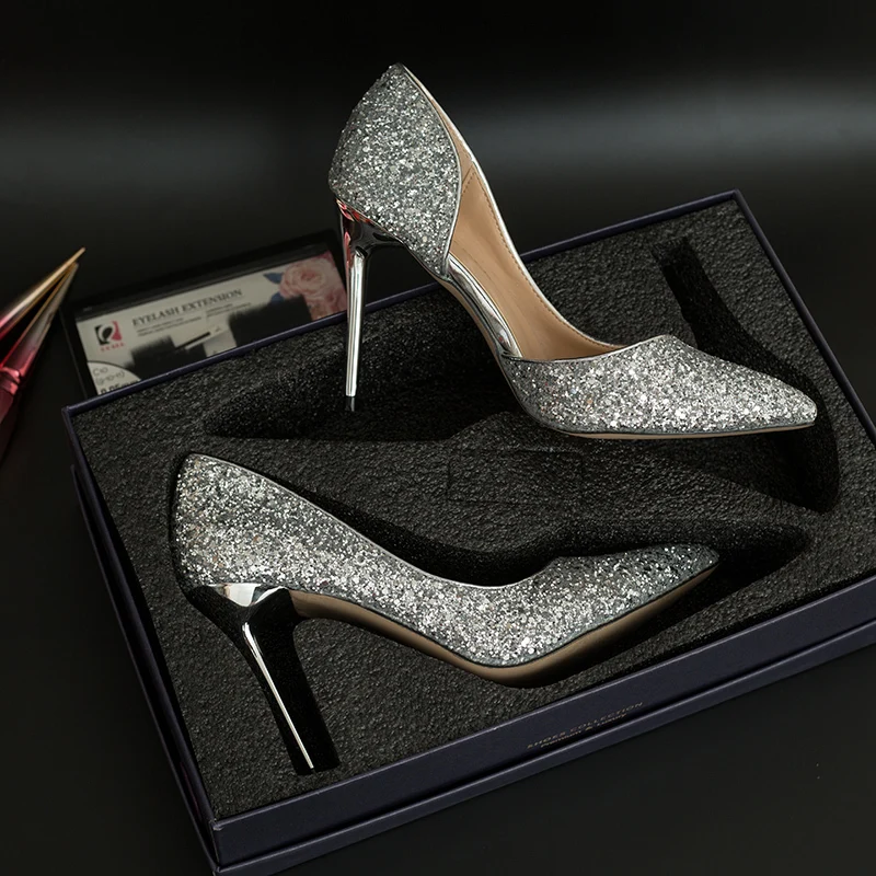 

Wedding Shoes Woman 2019 Sharp Fine With High With Crystal Shoe Silver Paillette Woman Full Dress Shoe