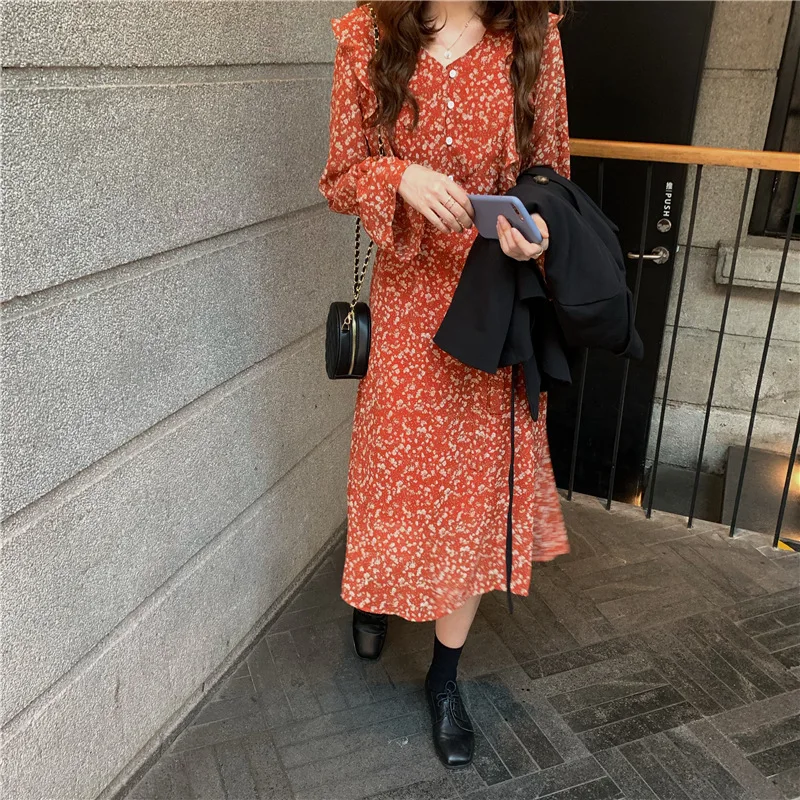 

2020 Early Spring New Style Korean-style Explicit White And Red Small Floral Petal Sleeve Chiffon Mid-length Dress Women's