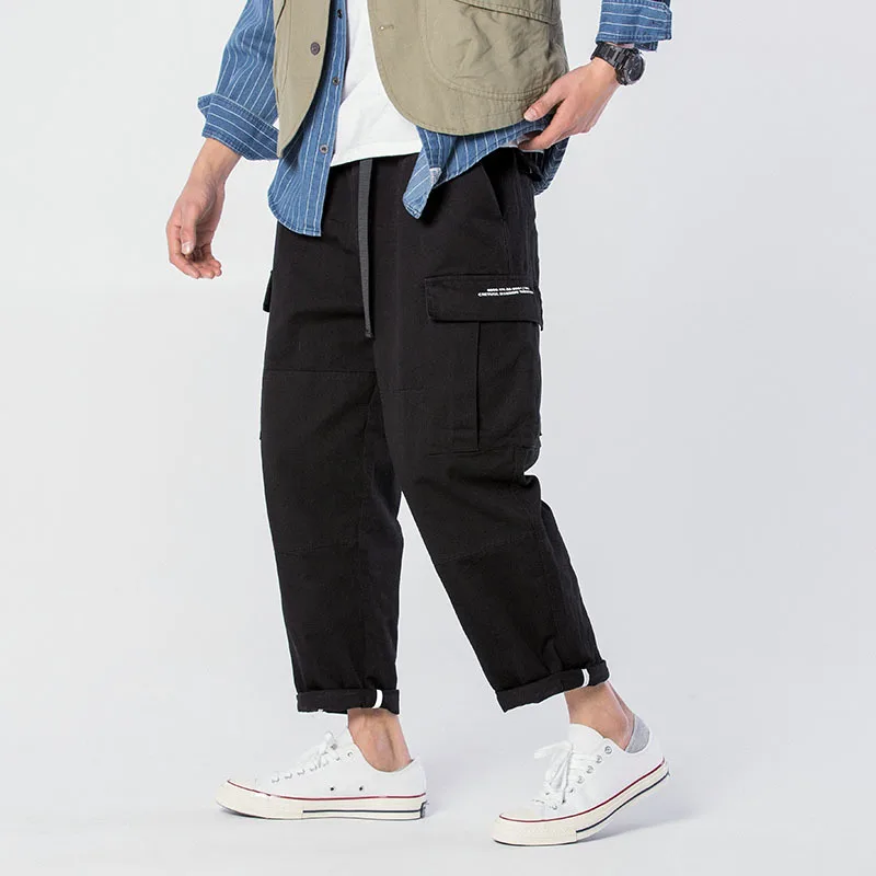 Черный 2019Spring And Autumn New Hong Kong Style Simple Solid Color Overalls Loose Casual Trousers Black / Khaki / Military Green M-3XL - Цвет: Черный