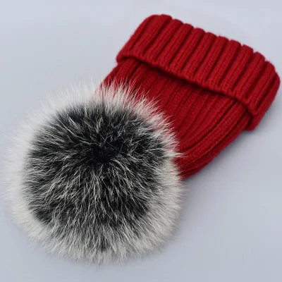 Hot Sale Winter Baby Women Kid Hat Real Fox Fur Hats Mom Baby Hat with Pompon Family Matching Beanie Hairball Kids Cap Outfits - Цвет: D without velvet