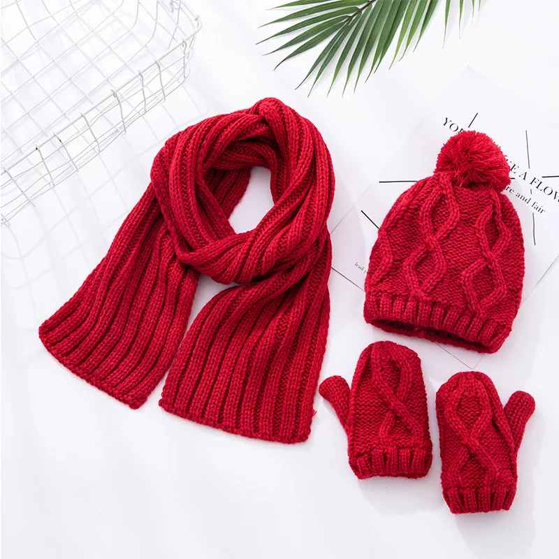 red(set) Детский зимний теплый вязаный шарф для мальчиков и девочек, шапка, перчатки, Детские шарфы, однотонные вязаные шапки желтого и красного цвета - Цвет: red(set)