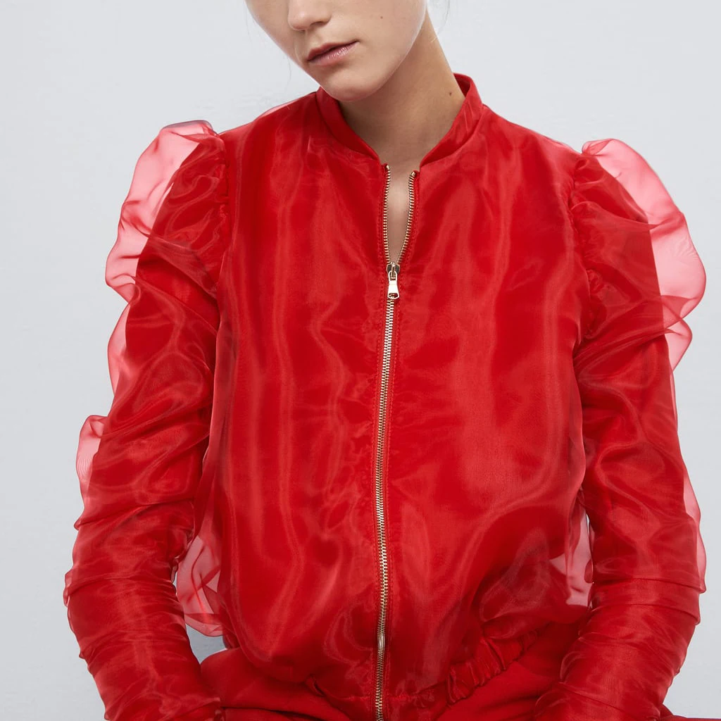 ZA уличной моды, комплект с кофтой красного цвета Для женщин осень Мода Повседневное с буфами на рукавах куртка сплошная обувь на теплом Комплект одежды на осень