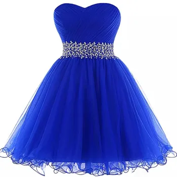 

Blue 2019 Homecoming Dresses A-line Sweetheart Short Mini Organza Beaded Ruffles Cocktail Dresses