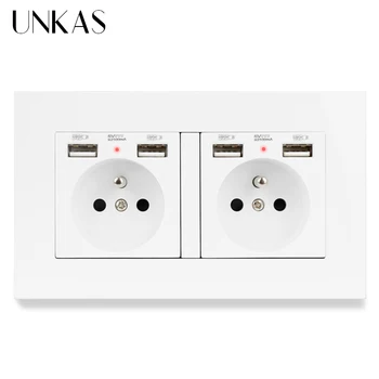 

UNKAS 2 Gang French Standard PC Plastic Panel Wall Socket with Charge Port Hidden Soft LED Indicator