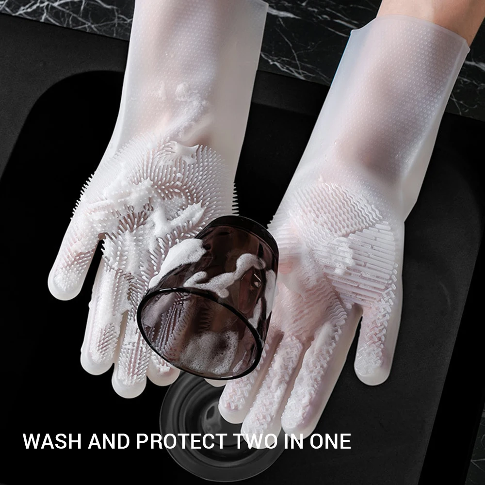 Home Silicone Cleaning Gloves Kitchen Washing Vegetables Dishwashing Gloves Non-slip Belt Hair Brush Kitchen Cleaning Supplies