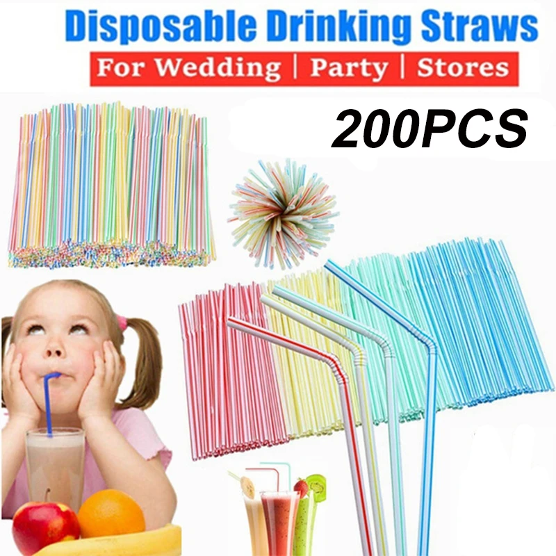 200pcs Plastic Disposable Straws For Parties/bar/beverage Shops/home Straw Striped Multi Color Drinking Supplies Bar Tools