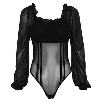 

Hot Trendy Women clothes Off Shoulder transparent long sleeve Jumpsuit Stretch Leotard Polyester Bodysuit one pieces