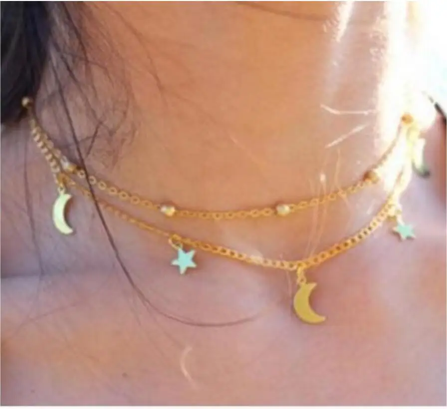 

Multilayer Stainless Steel Endant Women Gold Silver Color Beads Moon Star Horn Crescent Double Chain Choker Necklaces S1859