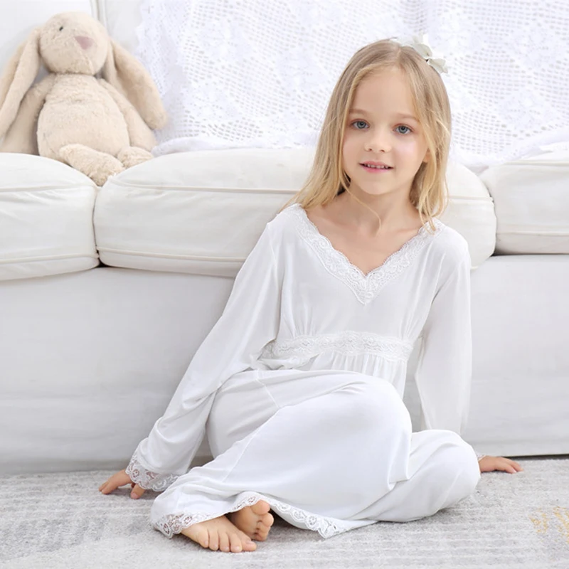Весенне-осенняя хлопковая ночная рубашка для девочек; теплая кружевная длинная ночная рубашка; детская одежда для сна с длинными рукавами в стиле принцессы; однотонные ночные рубашки