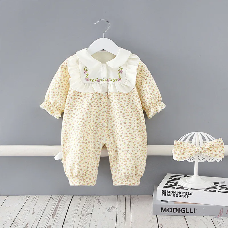 

Autumn Peter Pan Collar Embroidery Girls Rompers +Hairband 2pcs/set Infant Clothes Set Newborn Baby Rompers 0-2Y