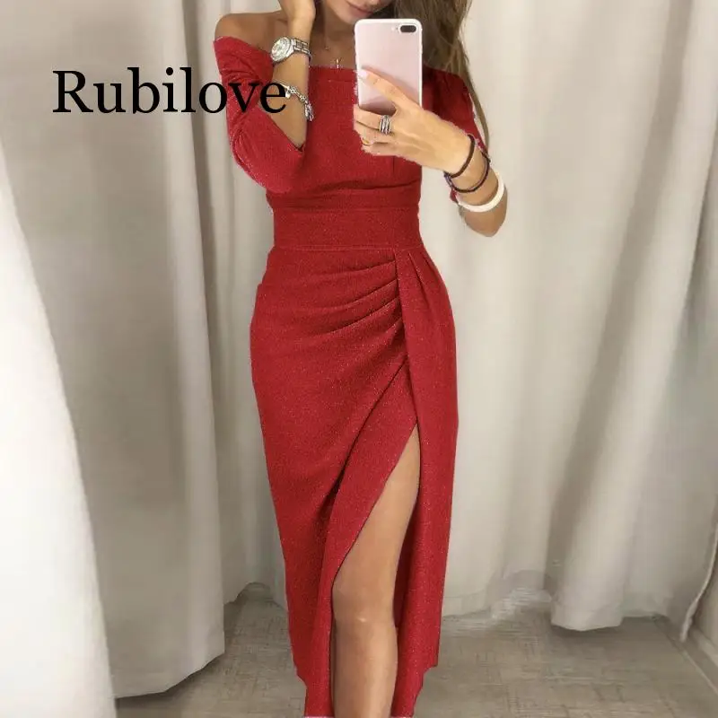 Rubilove с открытыми плечами, с высоким разрезом, облегающее платье, женские блестящие вечерние платья с длинным рукавом, винтажные элегантные платья с разрезом