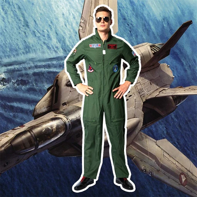 COSTUME CARNEVALE TUTA Marrone Pilota Aereo Tipo Top Gun Adulto