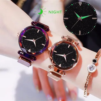 

Hot Fashion Women Magnet Buckle Starry Sky Luminous Watch Luxury Ladies Stainless Steel Quartz Watch For Dropshipping Clock