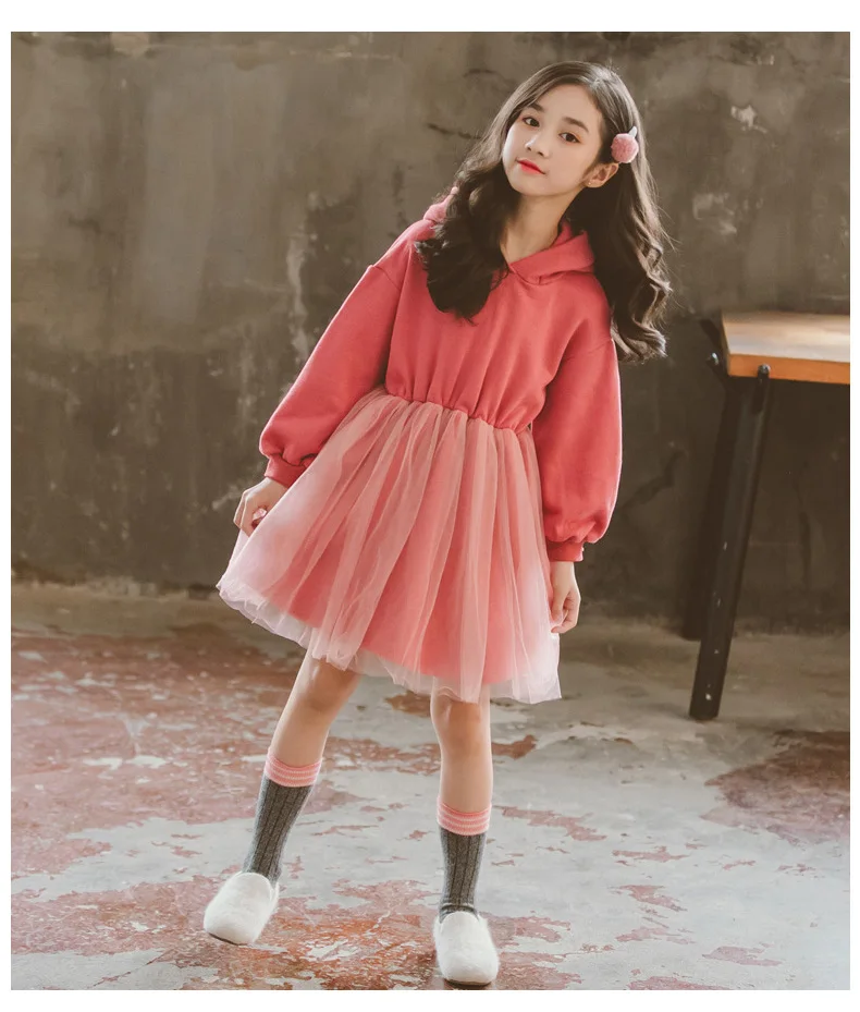 2020 Spring Autumn Big Girls Cute Pink Rabbit Ears Hooded Sweater Dresses Children Cotton Mesh Dress Blue Size 6 8 9 10 11 12 13 (1)