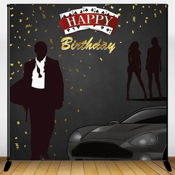 

Birthday Photographic Backdrop for Adult Chess Car Movie Character Cool Birthday Party Banner Background Black Gold Ribbon